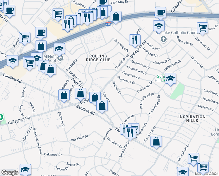 map of restaurants, bars, coffee shops, grocery stores, and more near 4991 View Drive in San Antonio