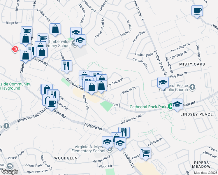 map of restaurants, bars, coffee shops, grocery stores, and more near 8900 Meadow Range Street in San Antonio