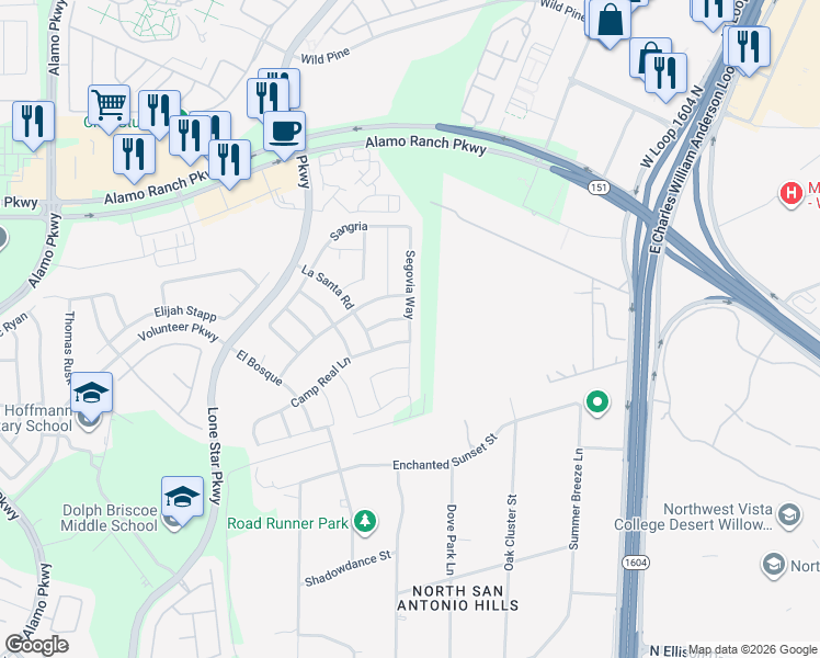 map of restaurants, bars, coffee shops, grocery stores, and more near 4714 Segovia Way in San Antonio