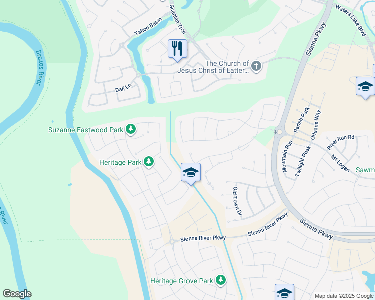 map of restaurants, bars, coffee shops, grocery stores, and more near 9210 Fox Bend Lane in Missouri City