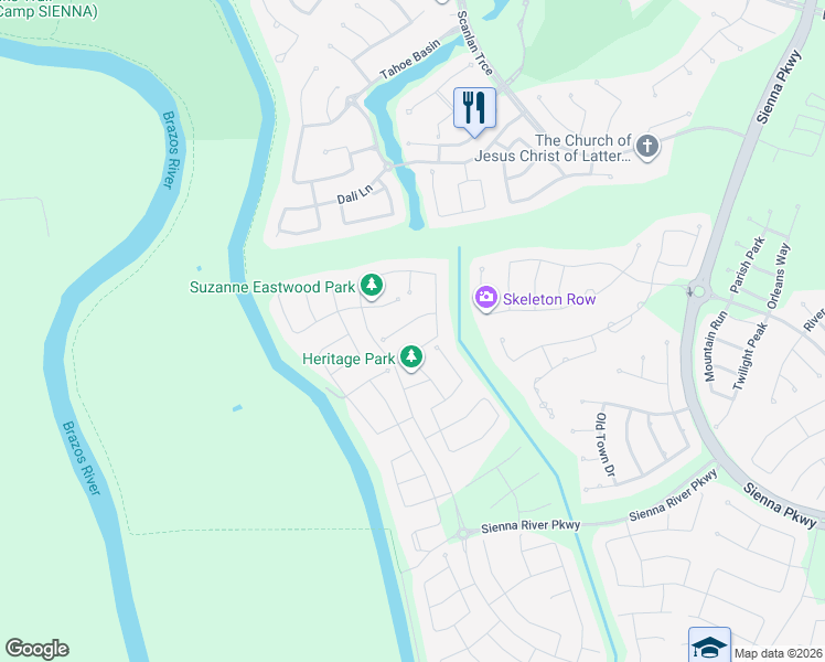 map of restaurants, bars, coffee shops, grocery stores, and more near 2343 Calm Channel Court in Sienna Plantation