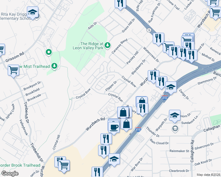 map of restaurants, bars, coffee shops, grocery stores, and more near 6408 Attucks Lane in San Antonio