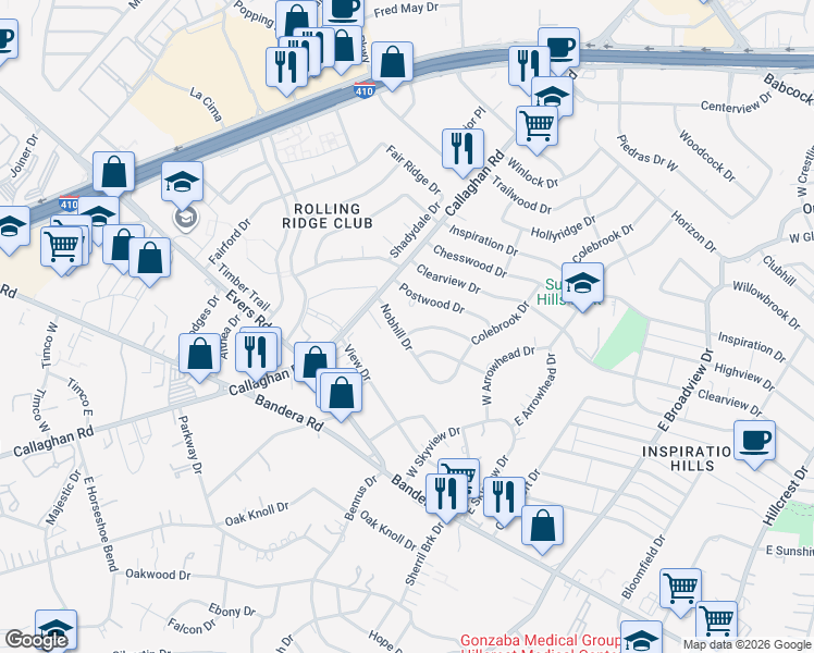 map of restaurants, bars, coffee shops, grocery stores, and more near 210 Nobhill Drive in San Antonio