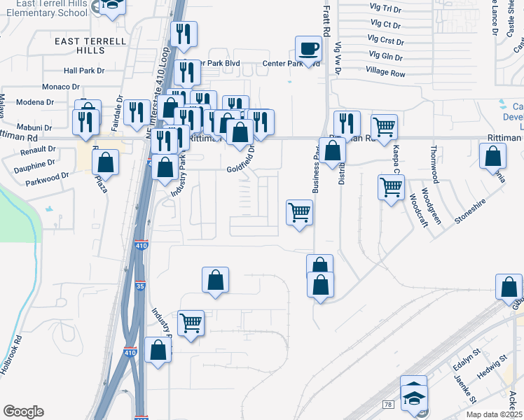 map of restaurants, bars, coffee shops, grocery stores, and more near 4801 Goldfield in San Antonio