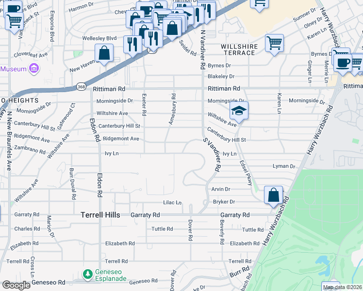 map of restaurants, bars, coffee shops, grocery stores, and more near 801 Ridgemont Avenue in San Antonio