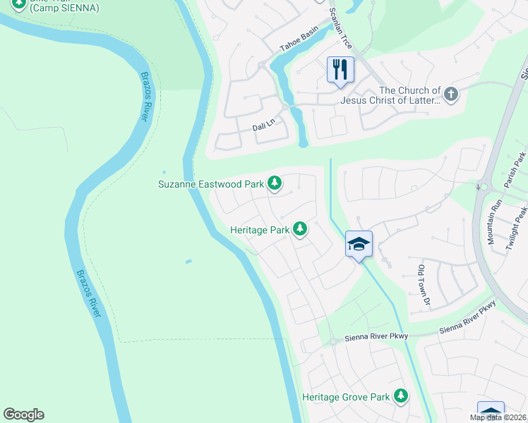 map of restaurants, bars, coffee shops, grocery stores, and more near 2550 Manor Valley Lane in Sienna Plantation