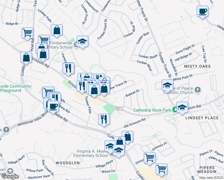 map of restaurants, bars, coffee shops, grocery stores, and more near 8902 Meadow Trace Street in San Antonio