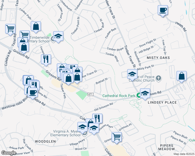 map of restaurants, bars, coffee shops, grocery stores, and more near 8833 Meadow Range Street in San Antonio