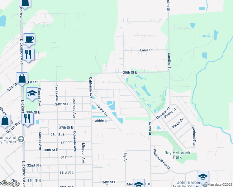 map of restaurants, bars, coffee shops, grocery stores, and more near 5065 Akumal Calle in Dickinson