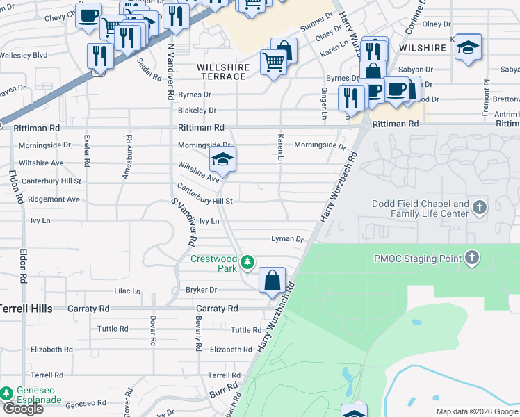 map of restaurants, bars, coffee shops, grocery stores, and more near 1320 Wiltshire Avenue in San Antonio