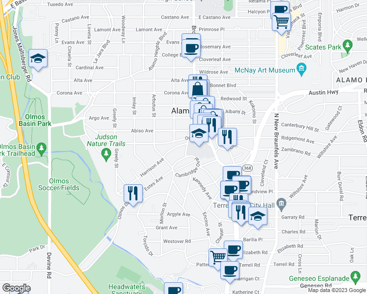 map of restaurants, bars, coffee shops, grocery stores, and more near 1101 Townsend Avenue in San Antonio