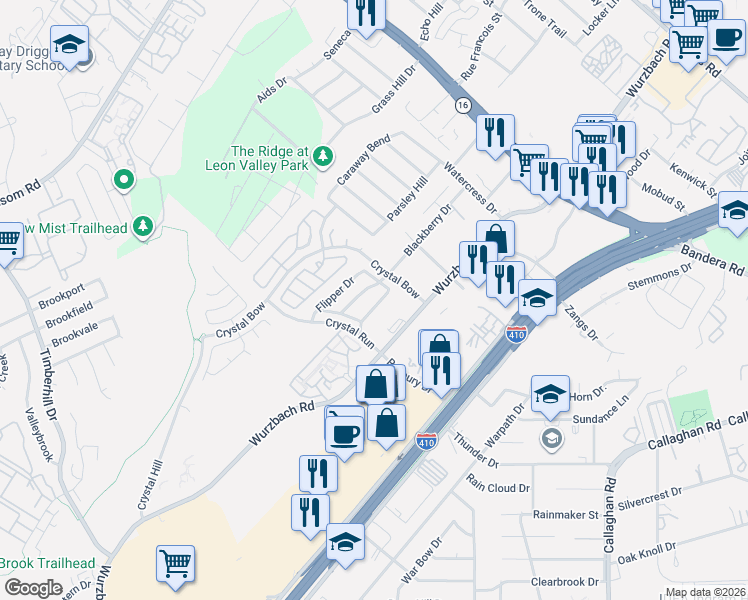 map of restaurants, bars, coffee shops, grocery stores, and more near 5025 Stowers Boulevard in San Antonio