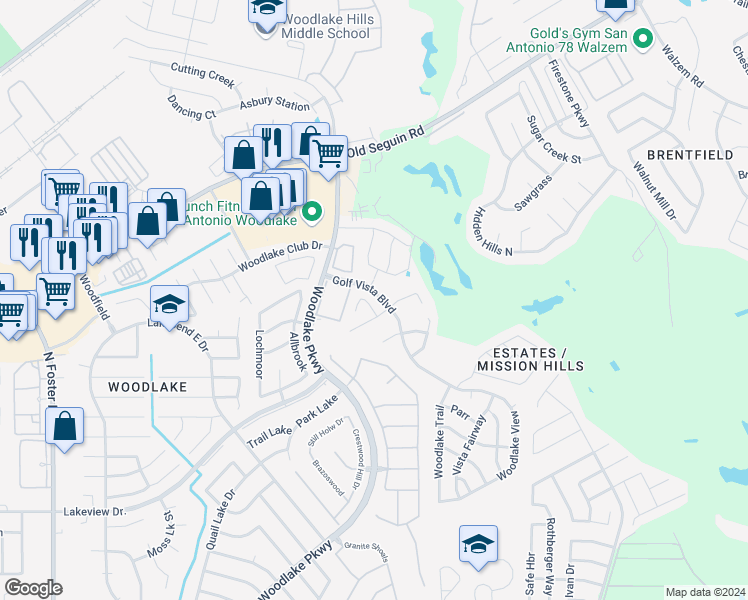 map of restaurants, bars, coffee shops, grocery stores, and more near 7219 Golf Way in San Antonio