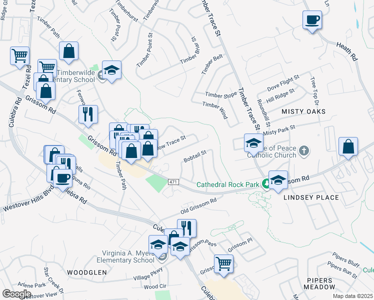 map of restaurants, bars, coffee shops, grocery stores, and more near 8833 Meadow Range Street in San Antonio