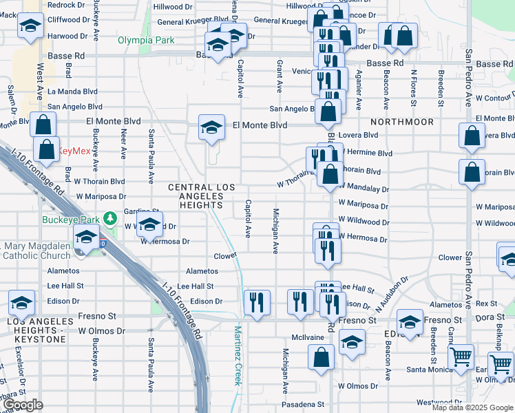 map of restaurants, bars, coffee shops, grocery stores, and more near 1031 West Mariposa Drive in San Antonio