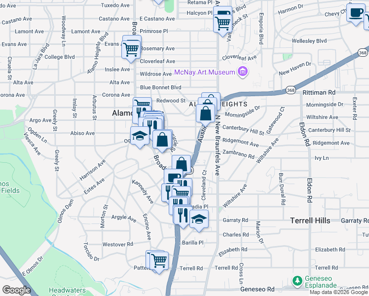 map of restaurants, bars, coffee shops, grocery stores, and more near 126 Routt Street in San Antonio
