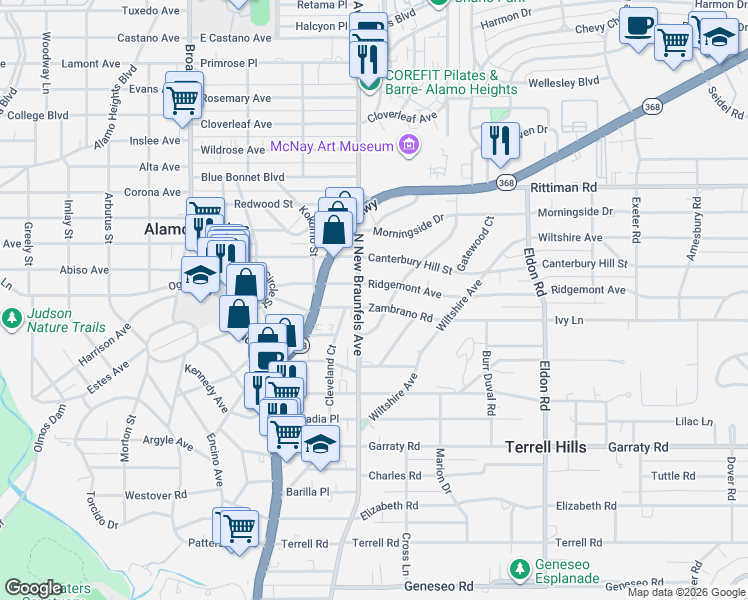 map of restaurants, bars, coffee shops, grocery stores, and more near 106 Ridgemont Avenue in San Antonio
