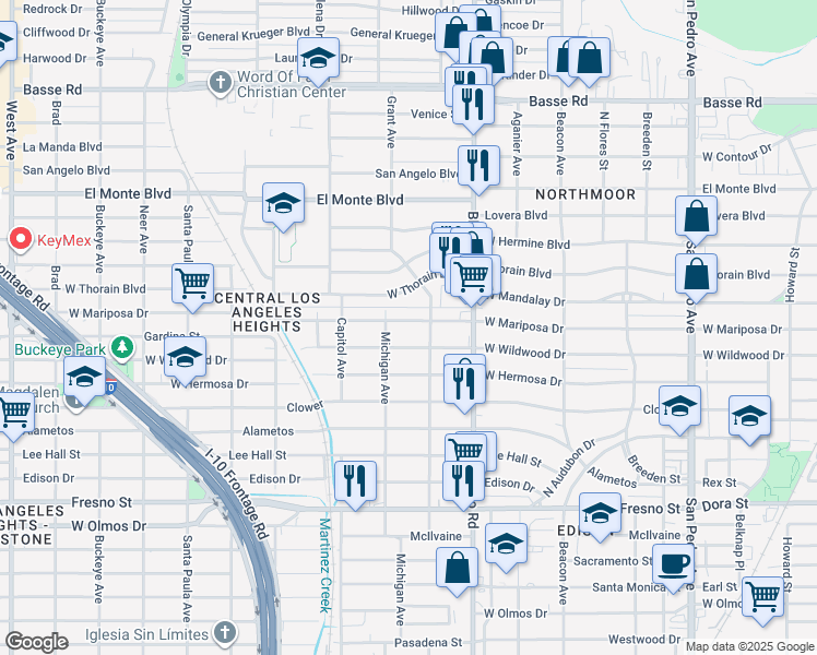 map of restaurants, bars, coffee shops, grocery stores, and more near 935 West Mariposa Drive in San Antonio