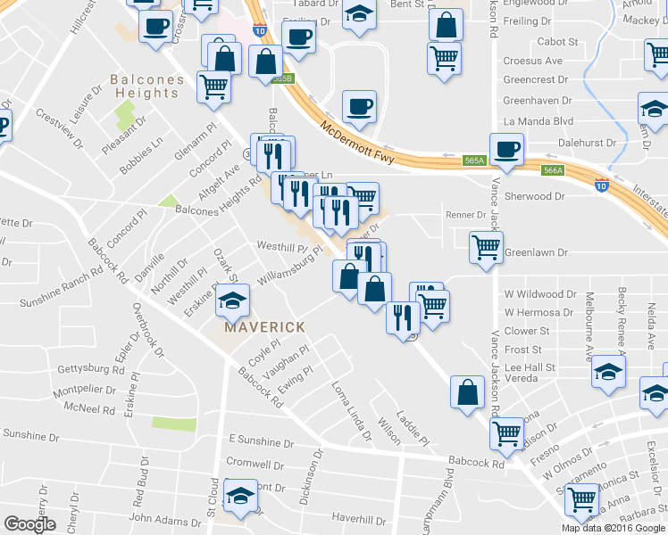 map of restaurants, bars, coffee shops, grocery stores, and more near 3700 Fredericksburg Road in San Antonio