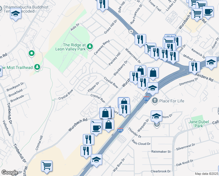 map of restaurants, bars, coffee shops, grocery stores, and more near 6305 Aspen Hill in San Antonio