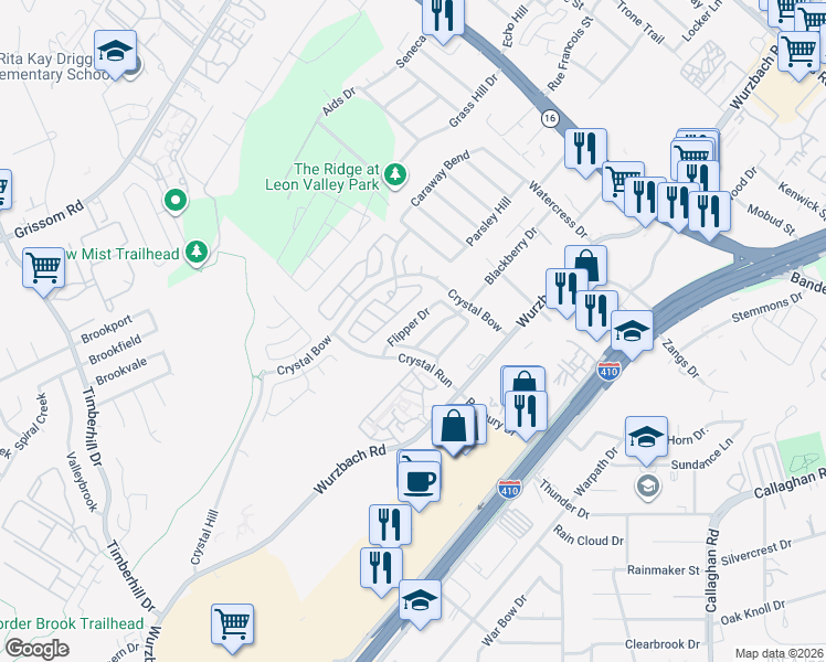 map of restaurants, bars, coffee shops, grocery stores, and more near 24 Badgers Hills in San Antonio