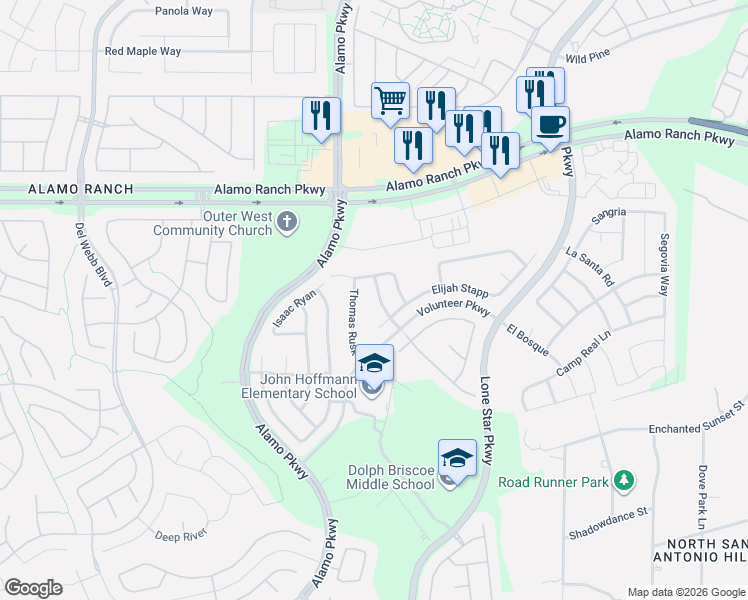 map of restaurants, bars, coffee shops, grocery stores, and more near 11926 Edward Conrad in San Antonio