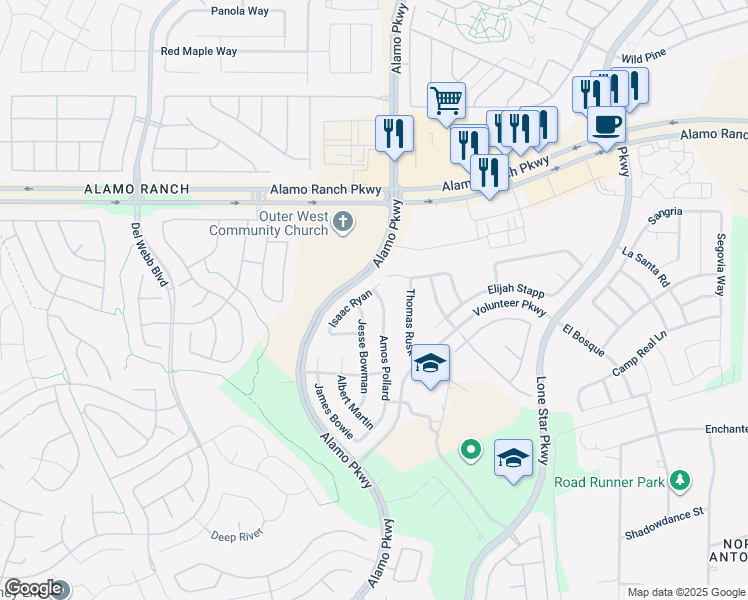 map of restaurants, bars, coffee shops, grocery stores, and more near 4639 Amos Pollard in San Antonio