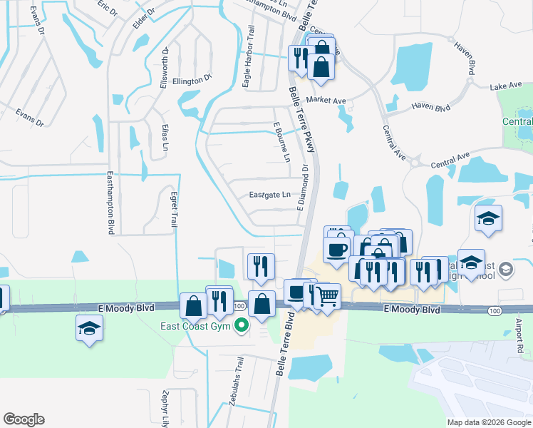 map of restaurants, bars, coffee shops, grocery stores, and more near 8 Eastman Lane in Palm Coast