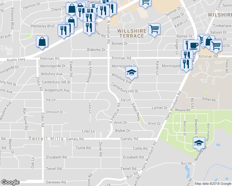 map of restaurants, bars, coffee shops, grocery stores, and more near 417 South Vandiver Road in San Antonio