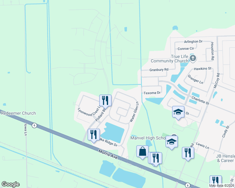 map of restaurants, bars, coffee shops, grocery stores, and more near 7623 Water Glen Lane in Manvel