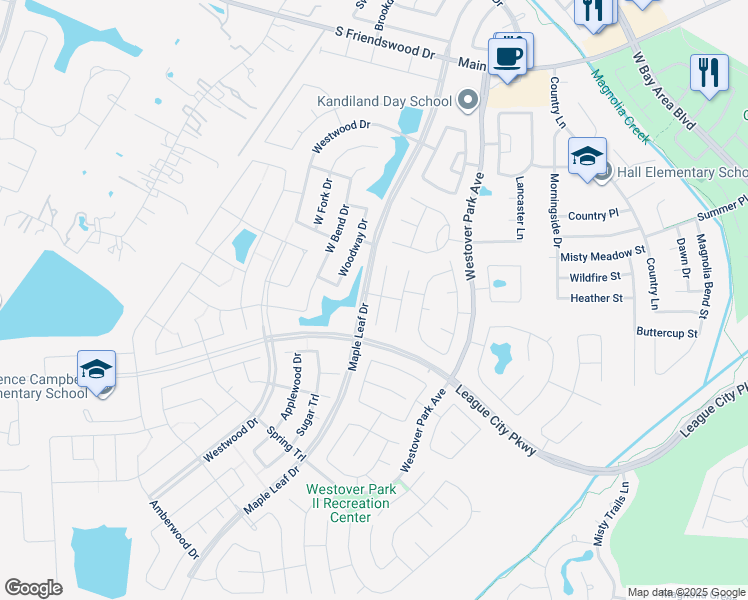 map of restaurants, bars, coffee shops, grocery stores, and more near 421 Abbey Lane in League City