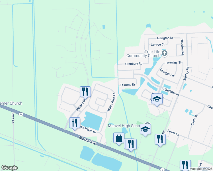 map of restaurants, bars, coffee shops, grocery stores, and more near 7526 Water Glen Lane in Manvel