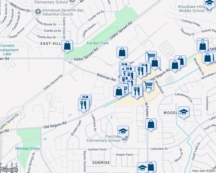 map of restaurants, bars, coffee shops, grocery stores, and more near 5922 Arcturus in San Antonio