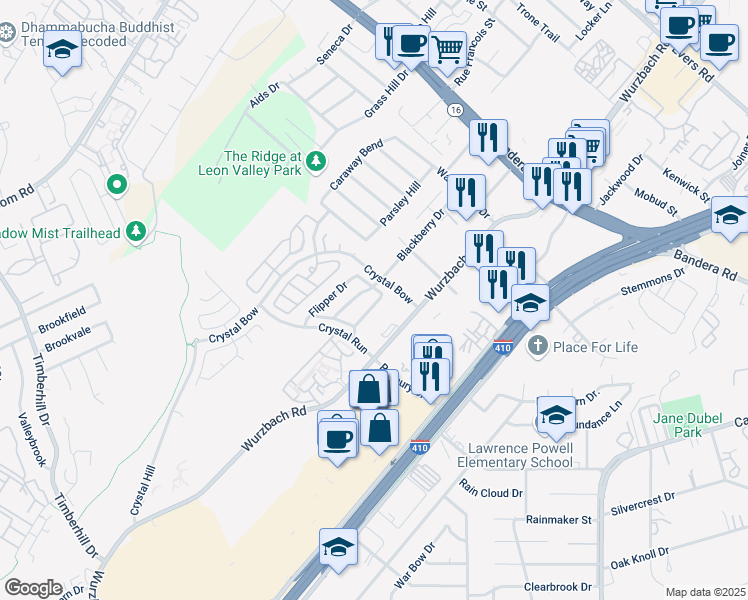 map of restaurants, bars, coffee shops, grocery stores, and more near 5025 Stowers Boulevard in San Antonio