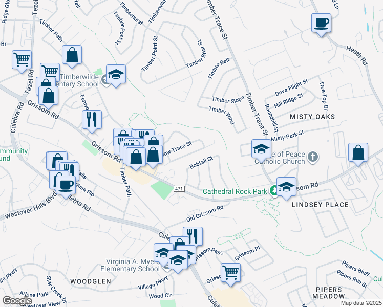 map of restaurants, bars, coffee shops, grocery stores, and more near 8833 Meadow Range Street in San Antonio