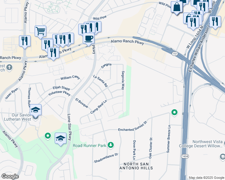 map of restaurants, bars, coffee shops, grocery stores, and more near 11610 Belicena Road in San Antonio