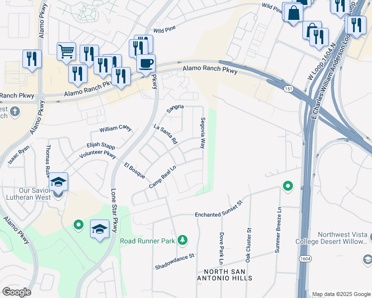 map of restaurants, bars, coffee shops, grocery stores, and more near 11610 Belicena Road in San Antonio