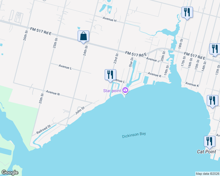 map of restaurants, bars, coffee shops, grocery stores, and more near 1227 23rd Street in San Leon