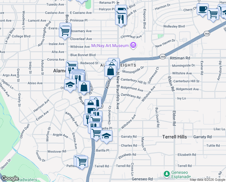 map of restaurants, bars, coffee shops, grocery stores, and more near 216 Routt Street in San Antonio