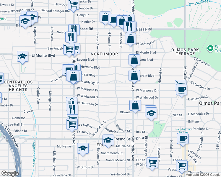 map of restaurants, bars, coffee shops, grocery stores, and more near 402 West Mandalay Drive in San Antonio