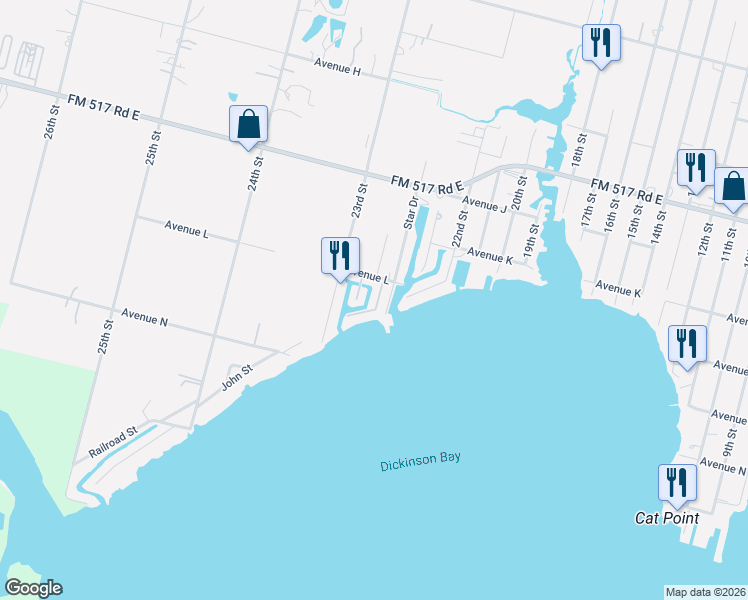 map of restaurants, bars, coffee shops, grocery stores, and more near 1210 Island Drive in San Leon