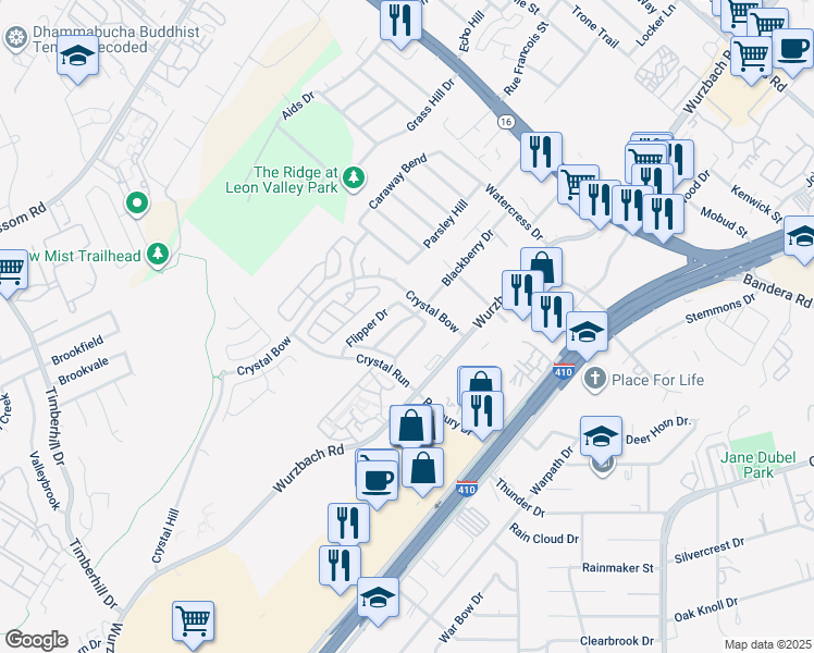 map of restaurants, bars, coffee shops, grocery stores, and more near 5025 Stowers Boulevard in San Antonio