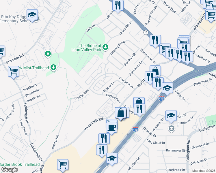 map of restaurants, bars, coffee shops, grocery stores, and more near 24 Badgers Hills in San Antonio