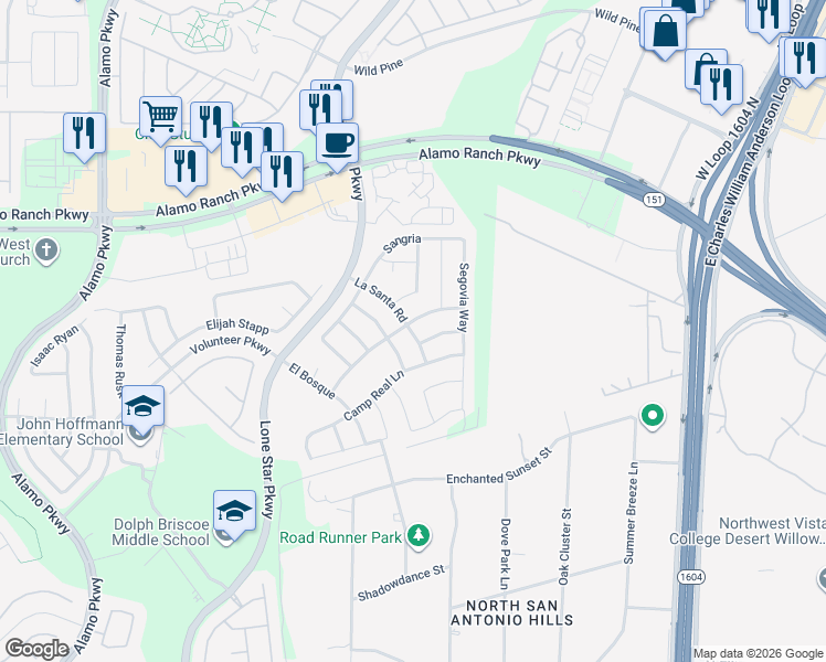 map of restaurants, bars, coffee shops, grocery stores, and more near 11610 Belicena Road in San Antonio