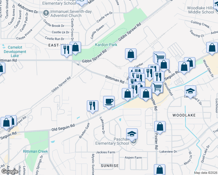 map of restaurants, bars, coffee shops, grocery stores, and more near 6333 Rittiman Road in San Antonio