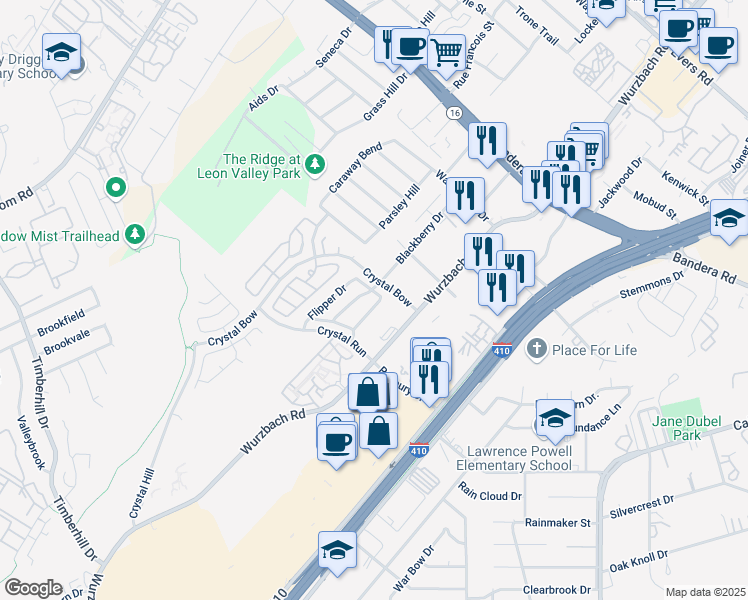 map of restaurants, bars, coffee shops, grocery stores, and more near 4917 Appleseed Court in San Antonio