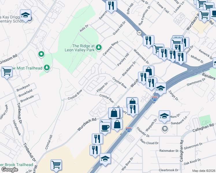 map of restaurants, bars, coffee shops, grocery stores, and more near 5025 Stowers Boulevard in San Antonio