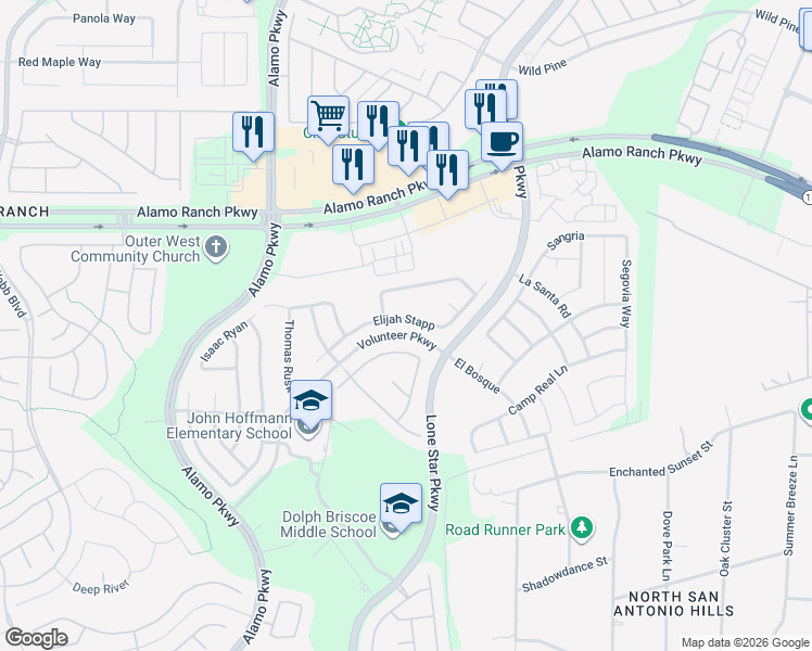 map of restaurants, bars, coffee shops, grocery stores, and more near 11819 Elijah Stapp in San Antonio