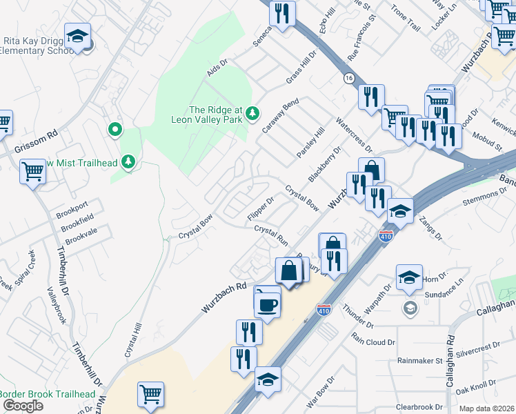map of restaurants, bars, coffee shops, grocery stores, and more near 24 Badgers Hills in San Antonio