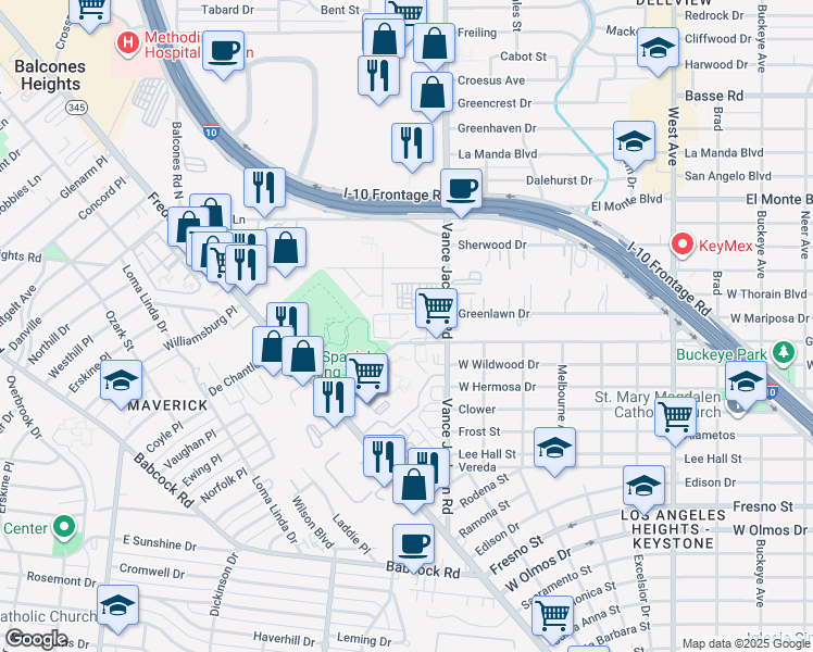 map of restaurants, bars, coffee shops, grocery stores, and more near 1011 Vance Jackson Road in San Antonio